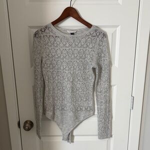 American Eagle Outfitters Light Gray Lace Scoop-Neck Bodysuit Sweater